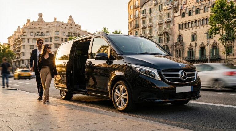 Well‑dressed couple stepping out of a black luxury van during a private airport transfer in Barcelona, with a professional chauffeur assisting them and Barcelona in the background.