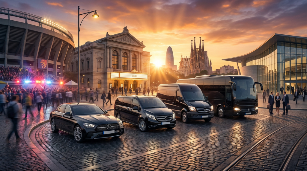 Luxury black Mercedes sedans and vans lined up in Barcelona with professional chauffeurs, showcasing a premium executive fleet ready for airport, event, and corporate transfers.